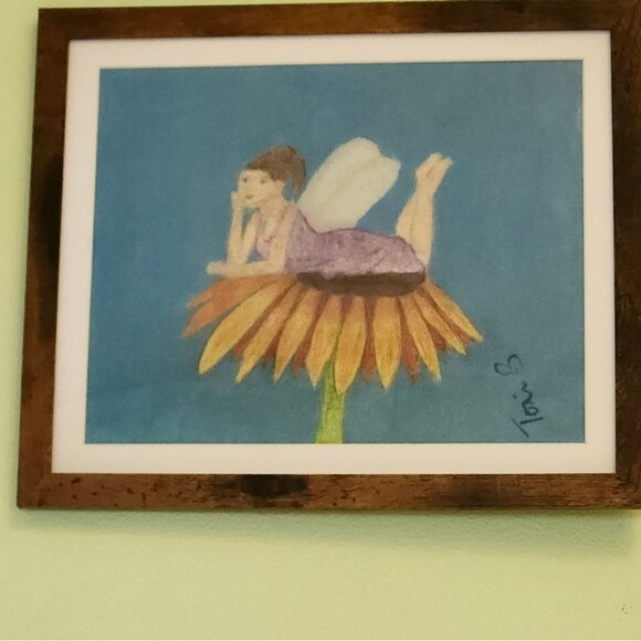 Hand Crafted Fairy On A Flower Colored Pencil Drawing Framed 9x11" - Picture 4 of 14